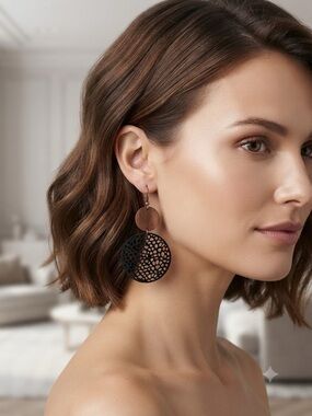 Boho Geometric Wood and Metal Dangle Earrings – Modern Circular Design
